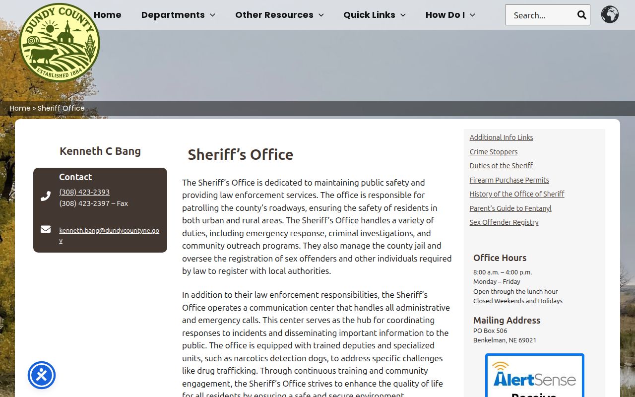 Dundy County Sheriff contact page for arrest and booking records