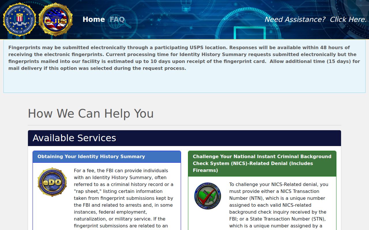 FBI identity history service for personal review after a Dundy County arrest