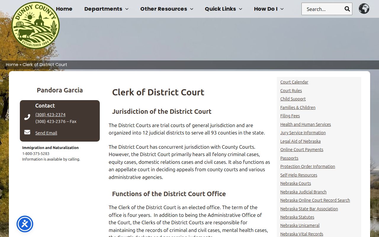 Dundy County District Court clerk page for criminal case records